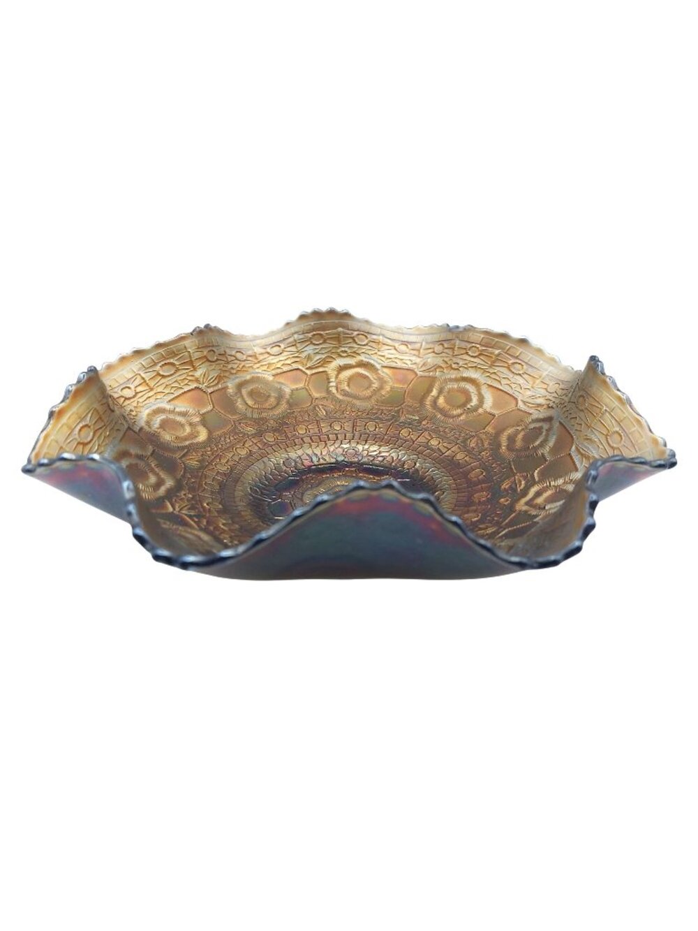 Fenton Carnival Glass Bowl Captive Rose Ruffled Iridescent Collectible Antique